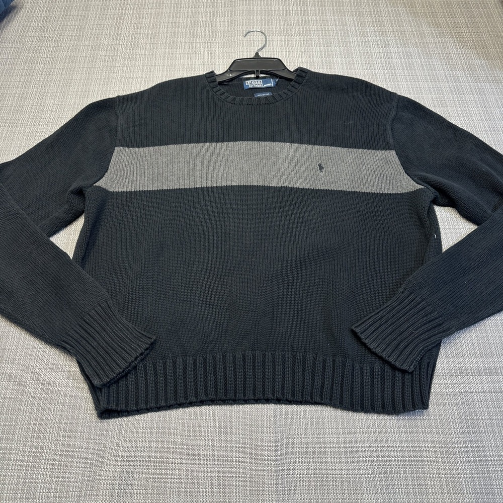 Polo‎ Ralph Lauren Crewneck Sweater Mens XL Black Gray Striped Pony Logo